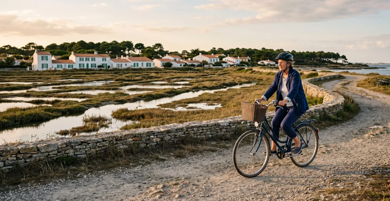 A cyclist rides along a coastal path between salt marshes and whitewashed houses.