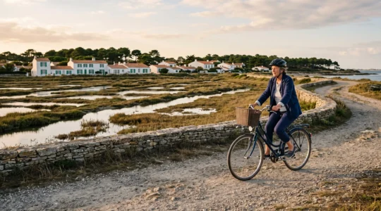 A cyclist rides along a coastal path between salt marshes and whitewashed houses.