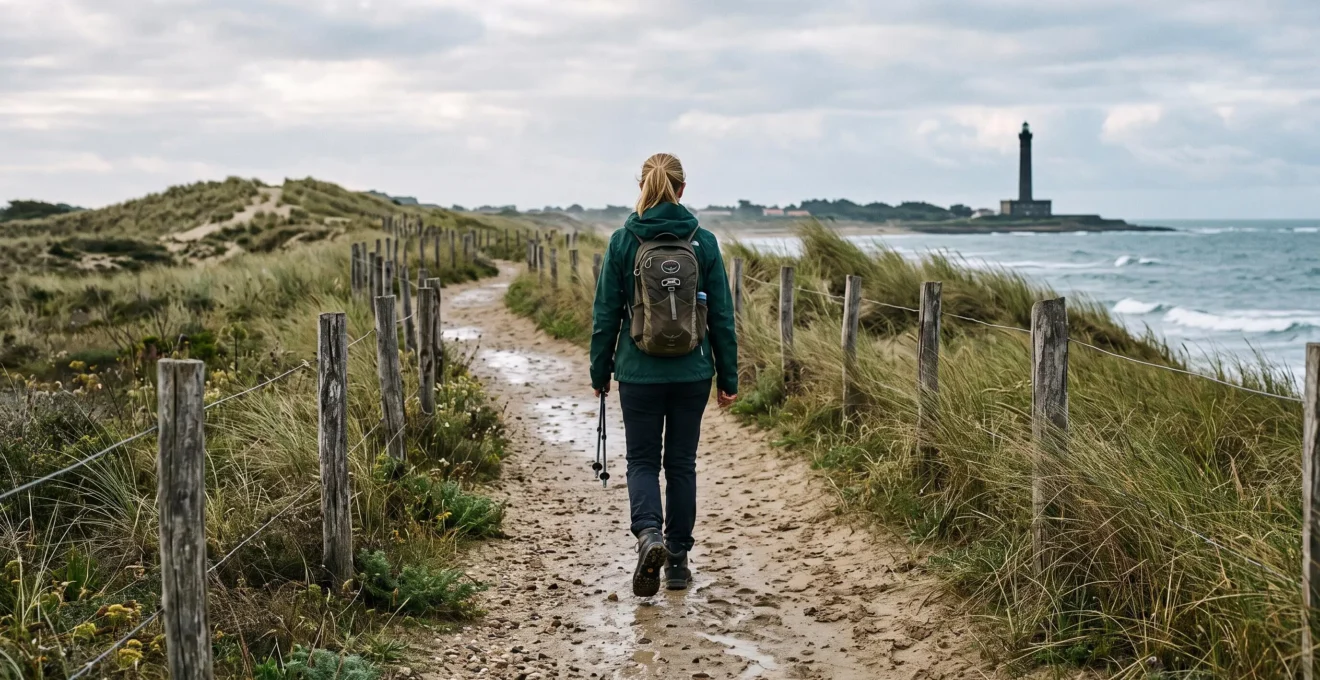 A hiker walks along a sandy dune path with a lighthouse on the horizon.
